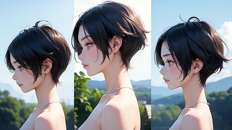 naked、nude、older sister、cool、profile、slender、Black Hair,、Short Hair、Landscape、sideview
