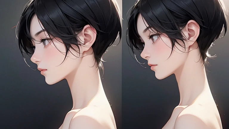 naked、nude、older sister、cool、profile、slender、Black Hair,、Short Hair、Landscape、sideview
