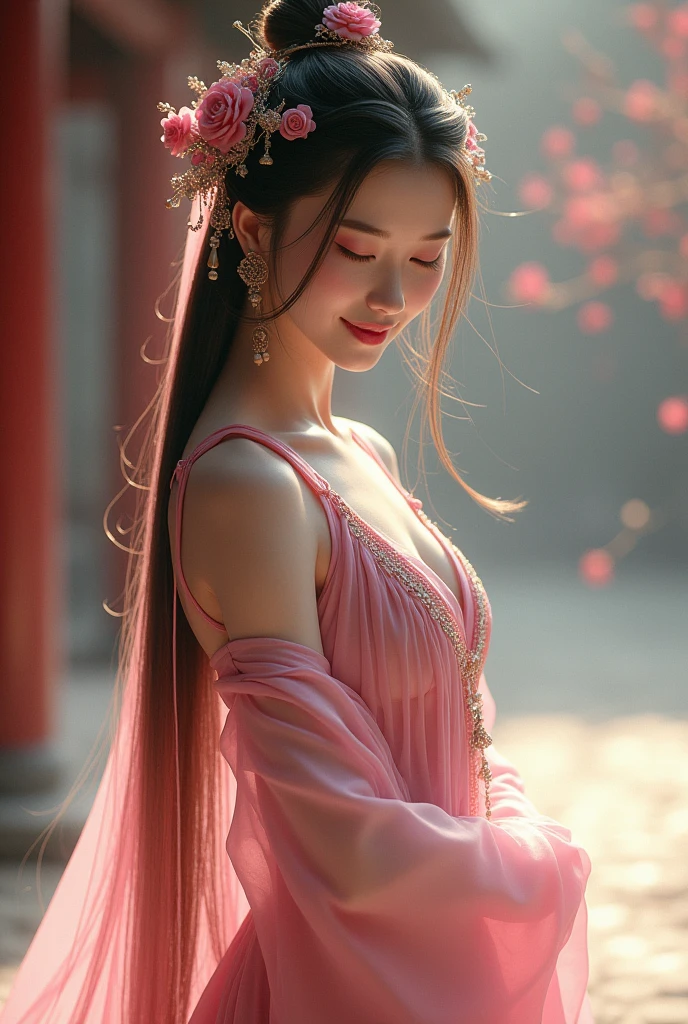 Best quality, masterpiece, high resolution, 1girl, ancient Chinese pink dress, beautiful face, ancient Chinese clothing, bowknot without the original picture, elegant, noble, crown, thin leg, fairy, hair accessory, solo, looking at viewer, smiling, shut up, lips, dress, hair accessory, necklace, jewelry, long hair, earrings, architecture, east asian architecture