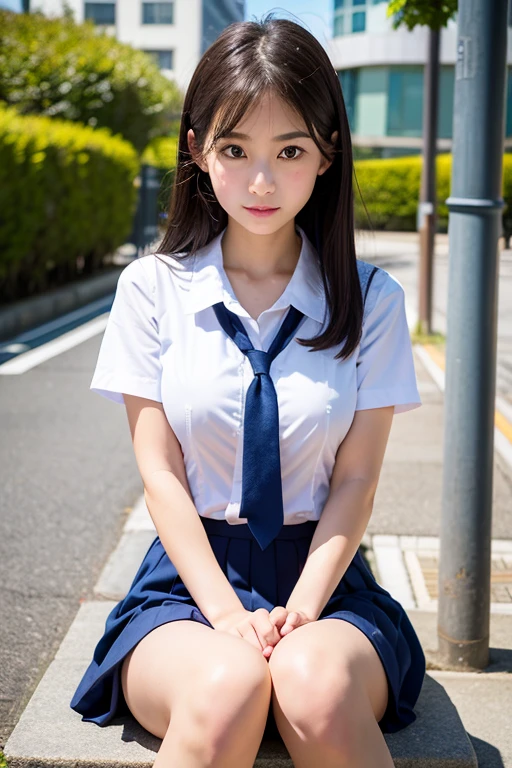 Beautiful face in every detail、Thin arms、Beautiful legs、Fair skin、Japanese schoolgirl、Moderate skin exposure、Small and thin body、Wearing summer uniform、cute、Whole body shot、High resolution, Big round breasts, There is bleeding