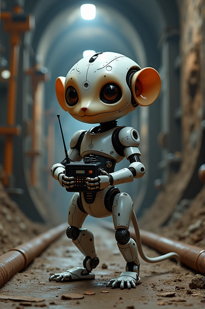 Tarsius robot working in a full safety mine while holding a radio