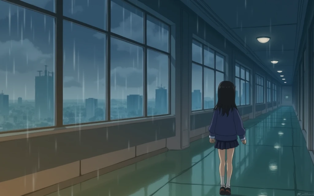 japanese school corridor, no people, raining, day, clouds, In the style of Makoto Shinkai。master piece, ultra detail, precision, ultra-realistic,