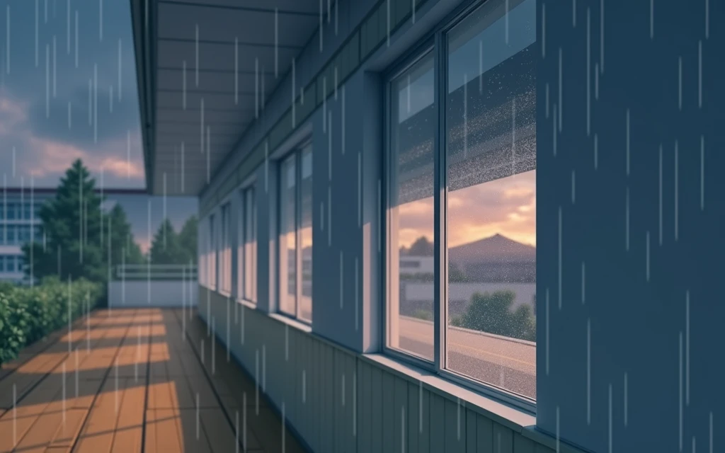 japanese school corridor, no people, raining, day, clouds, In the style of Makoto Shinkai。master piece, ultra detail, precision, ultra-realistic,