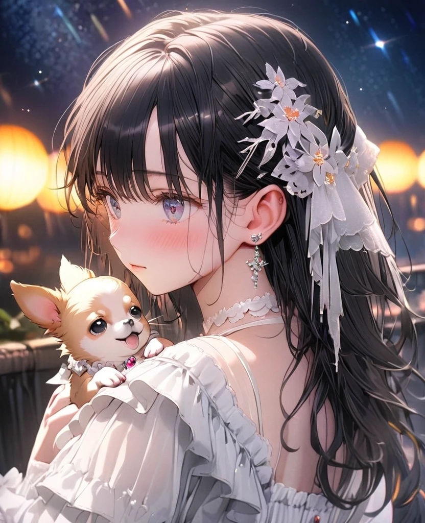 8k,Ephemeral beauty,Very delicate and beautiful,Beautiful and realistic skin,Shiny Hair,Black Hair、Long and colorful hair,Beautiful Eyes,Beautiful night sky、shy、Hair is half-up without any hair accessories、small jewel pin、No earrings、No piercing、Shy、White frilly outfit、Chihuahua(Cream)hug