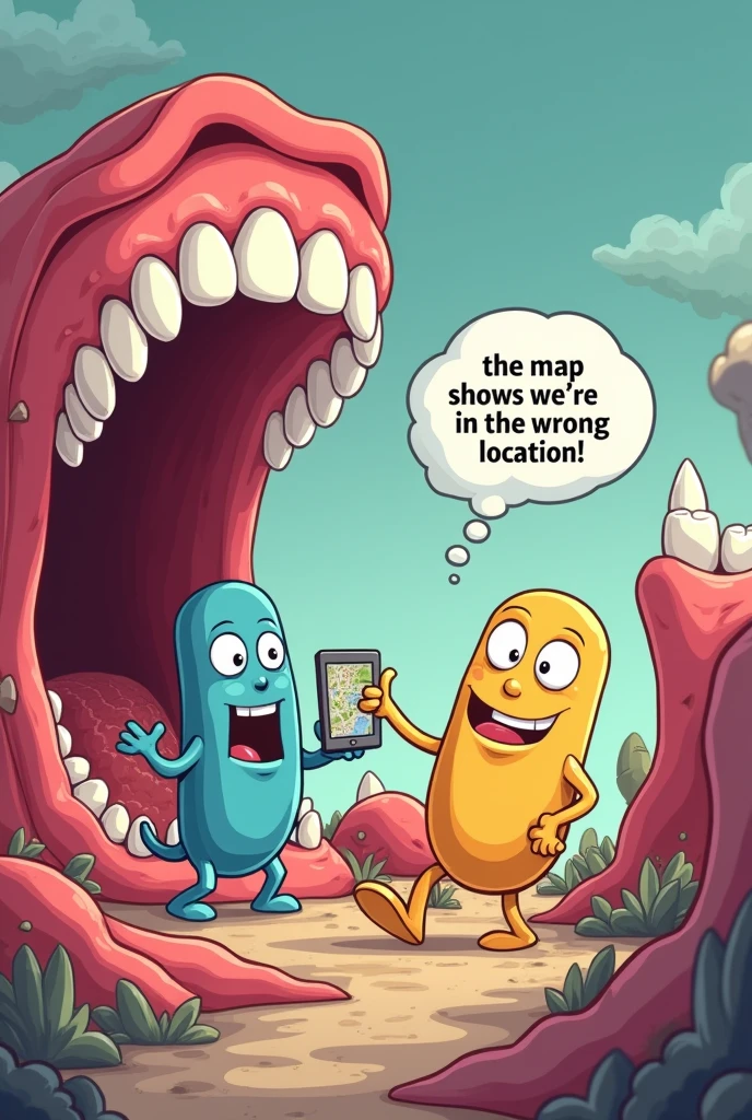 Create a humorous cartoon image featuring sperm cells lost in a mouth. The scene should show a pair of confused sperm cells, with one of them looking at a map or a smartphone GPS. They should be surrounded by teeth and gums, making it clear that they are in a mouth. The text in the image should say, 'The map shows we're in the wrong location.' The style should be playful and light-hearted, with exaggerated expressions on the sperm cells to convey their confusion."