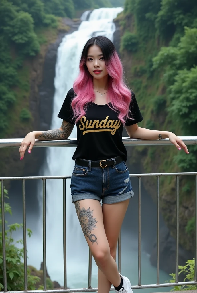 a beautiful Thai woman, standing on a silver metal deck or platform with a view of the waterfall in the background.the woman has pink black hair, gives a modern and stylish effect. He was wearing a black t-shirt that said "sunday" fhon gold the other, and modern shorts, white boots. This woman is leaning on the platform railing with both her hands and thighs covered in intricate tattoos.,  look relaxed and enjoy the beautiful view. landscape