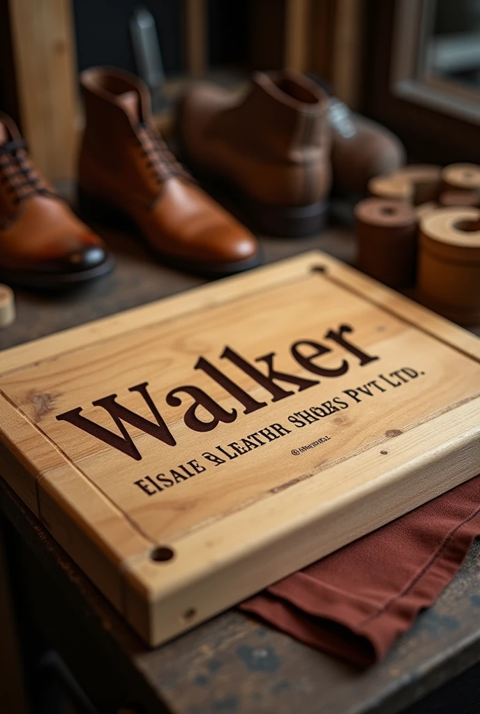 Wooden lacer cut bord compny name is Walker Leather shoes (pvt) ltd. i need company name in to wooden part this is not food company this is leather shoes company text will be show be better