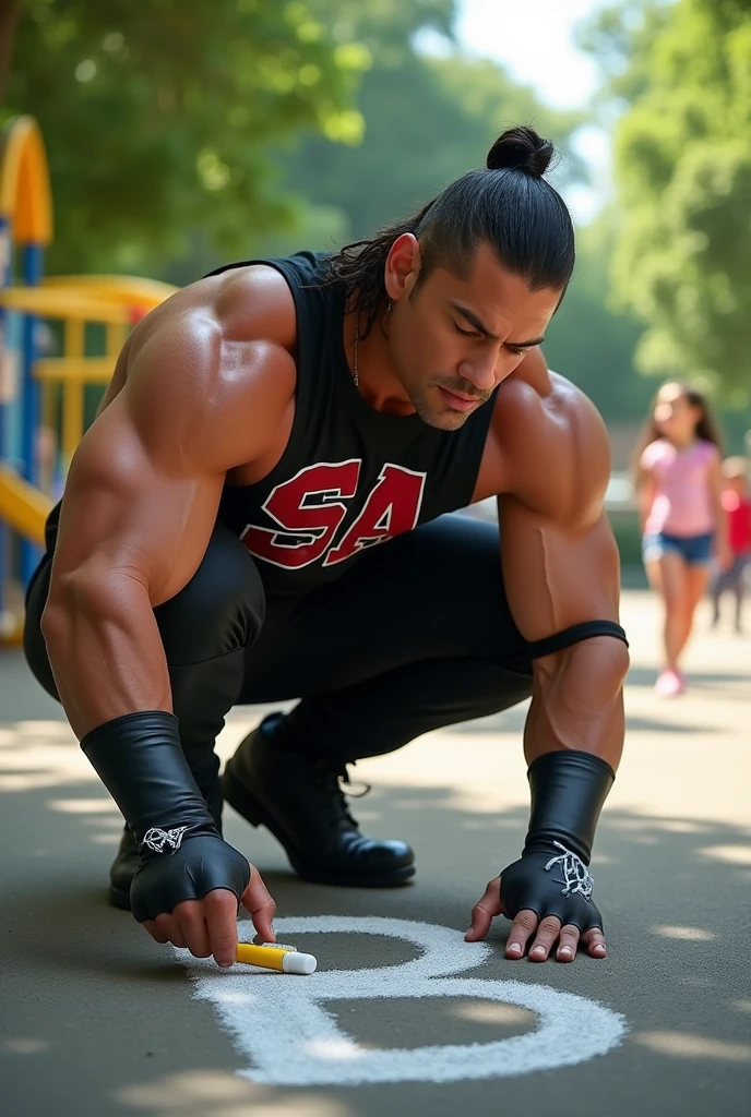 "A strong and charismatic pro wrestler, Joan Cena, is crouched down in a park with a playground in the background. he is wearing his wrestling attire and is focused on writing the letter 'B' on the ground with a piece of chalk. The park is lively, with children playing in the background, trees, and playground equipment. Joan Cena's expression is one of concentration and care, showing a softer side of the champion as he engages in a simple, peaceful activity."