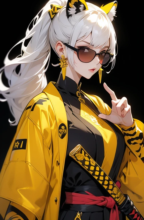 The image shows an illustration of a woman with a high hairstyle and loose locks, wearing yellow sunglasses and cross earrings. He wears a fitted white jacket with insignia and a pair of yellow tiger-print gloves.. He leans on the hilt of a katana with a yellow and black handle.. The background is a vibrant red that highlights the central figure.. The illustration combines modern elements with traditional Japanese touches..
