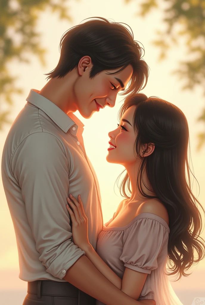 Real Couple men and women Japanese Handsome smile whole body A man strokes a woman's head