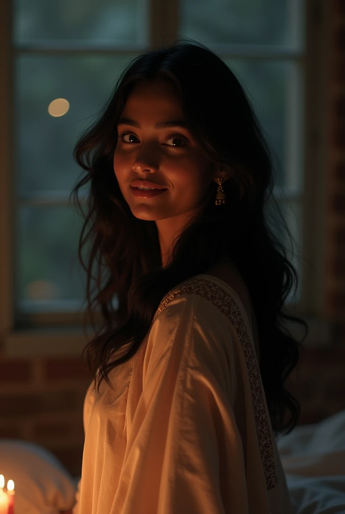 She is in her early 20s with long, wavy black hair cascading over her shoulders. She is dressed in a simple yet elegant outfit, such as a flowing traditional dress or a modern, casual outfit in soft, warm colors. She has a serene expression, with a slight smile on her face, exuding grace and warmth. The background is a bright, open space with soft, natural lighting, possibly a serene outdoor setting or a well-lit, cozy room, creating an inviting and peaceful atmosphere.”( Indian girl) change background (dark) and face (Indian) 