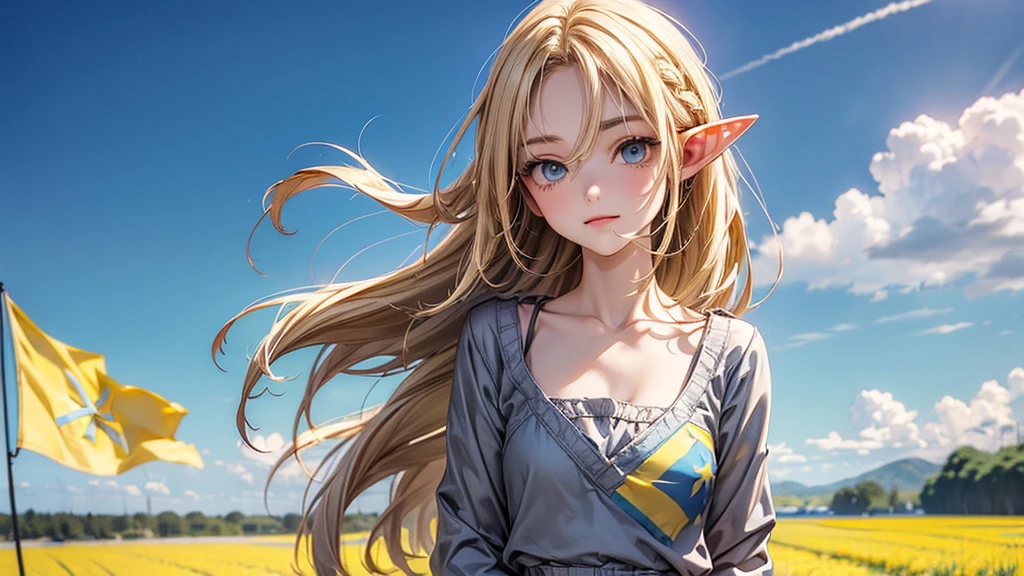 ((Masterpiece)), (Anime:1.5), ((best quality)), (RAW photo:1.2), (High Definition:1.3), (Professional Photography:1.2), (), (1girl), cute young girl, BREAK, (naughty face:1.3), (Beautiful daiamond eyes:1.5), (pale skin), elf girl, wearing Gray Workwear Coveralls, flat chest, slender waist, BREAK, (hair over eyes:1.2), Silky unruly hair, medium hair, ((blond hair)), wearing Gray Workwear Coveralls, (in a wheat field among agricultural machinery), chest visible, open clothing in the chest area, Ukrainian flag
