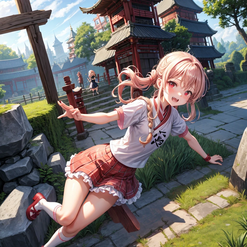 Pink Blonde、Red eyes、Wavy Hair、Hair tied up、Two cute、Checked mini skirt、black t-shirts、China、Frills、Knee-high socks、Teeth are visible、Monster Castle、Tilting face、grass、Stones are growing out of the ground.、In front of the city gates、Underground tunnels、Wooden bridge、The stone is cracked、Ashura Statue、Giant wood、There is a step on the ground、Piglets in a String
