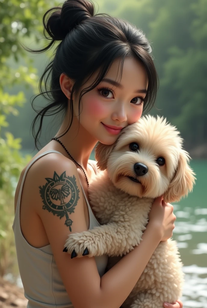 A virtual image of a young woman with black hair tied in a bun, with a tribal circle tattoo on her left upper arm, hugging a cream Maltipoo dog, smiling cutely, on the banks of the Mekong River.
