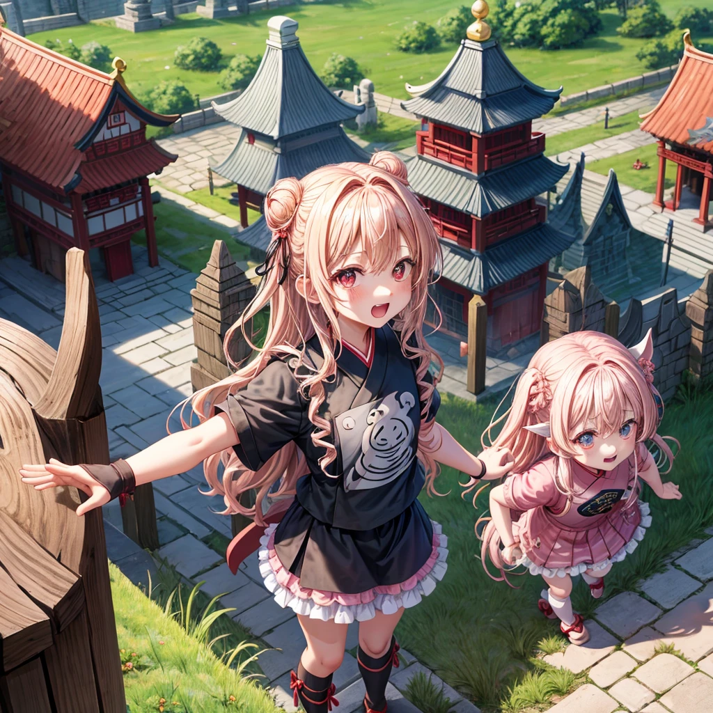 Pink Blonde、Red eyes、Wavy Hair、Hair tied up、Two cute、Checked mini skirt、black t-shirts、China、Frills、Knee-high socks、Teeth are visible、Monster Castle、Tilting face、grass、Stones are growing out of the ground.、In front of the city gates、Underground tunnels、Wooden bridge、The stone is cracked、Ashura Statue、Giant wood、There is a step on the ground、Piglets in a String