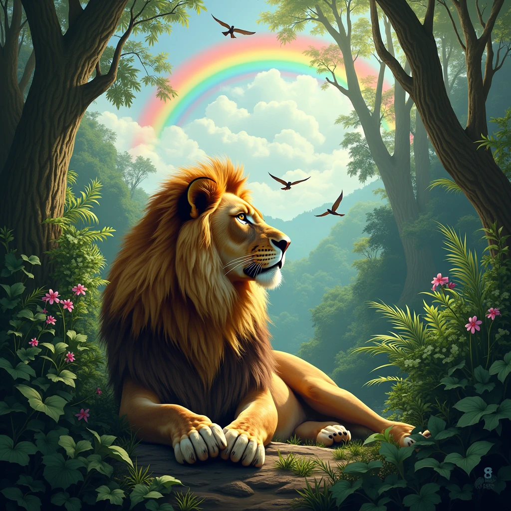 Lion sitting in Amazon forest, birds flying, nature, green, animals, beautiful, detailed, rainbow, masterpiece, realistic and slightly cartoony