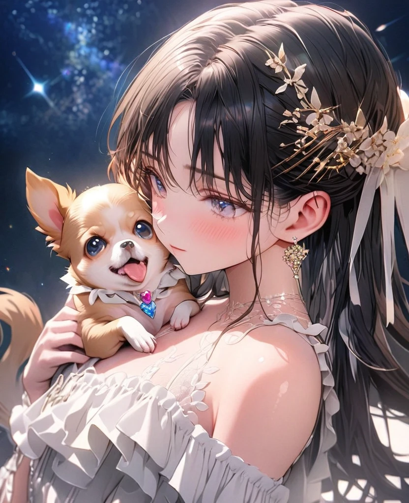 8k,Ephemeral beauty,Very delicate and beautiful,Beautiful and realistic skin,Shiny Hair,Black Hair、Long and colorful hair,Beautiful Eyes,Beautiful night sky、shy、Hair is half-up without any hair accessories、small jewel pin、No earrings、No piercing、Shy、White frilly outfit、Chihuahua(Cream)hug