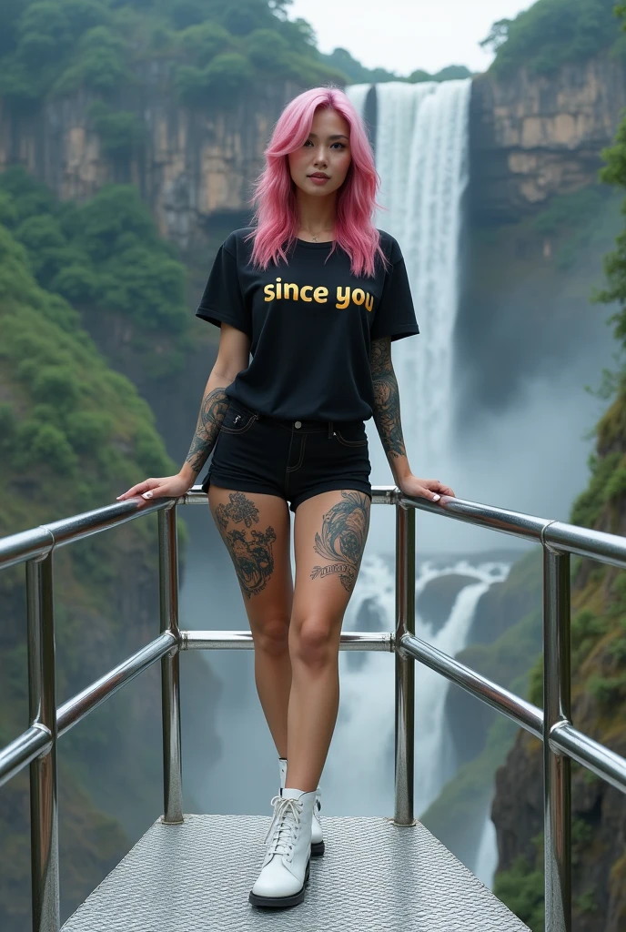 a beautiful Thai woman, standing on a silver metal deck or platform with a view of the waterfall in the background.the woman has pink black hair, gives a modern and stylish effect. He was wearing a black t-shirt that said "since you" fhon gold the other, and modern shorts, white boots. This woman is leaning on the platform railing with both her hands and thighs covered in intricate tattoos., look relaxed and enjoy the beautiful view. landscape