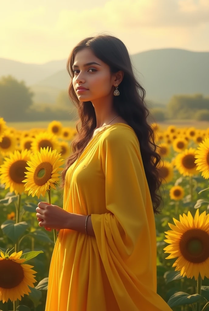 A realistic girl of about 20 years, wearing yellow dress, surrounded with sunflowers, god rays, pinkish weather, as real girl as possible, india girl type, mountain in background, beautiful girl, holding a sunflower in hand,
