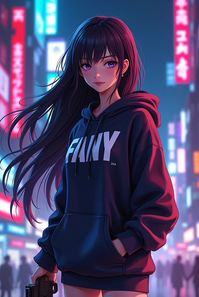 Create a character anime, {background: capital text “GLBK”, night city}, tanned skin, realistic, HDR, beautiful, japan style, full body, use piastol, age 20, hoodie HD text: “FANY”, female, long hair