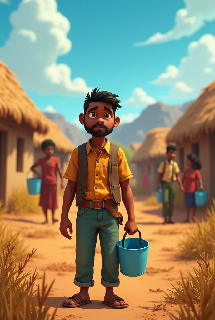 Animation cartoon Scene 2: The Water Shortage Problem**
- Close-up of Ramu looking worried, standing beside his withered crops.
- Show villagers struggling with the lack of water, perhaps carrying empty buckets.