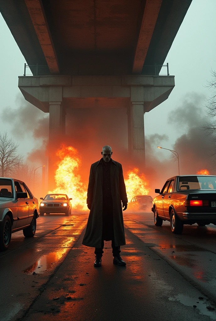 A man standing under the road and blowing up cars