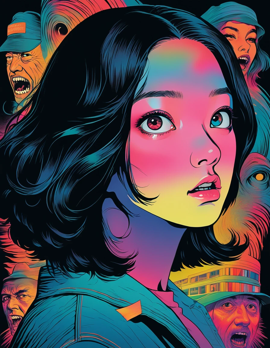 An illustration、art、70s horror movie posters, Inuki Kanako、Attention to detail, Analog Style, chromatic aberration, Surrealism、Complementary Gradient、Face distorted in fear、Large pupils、Dam at night(background)