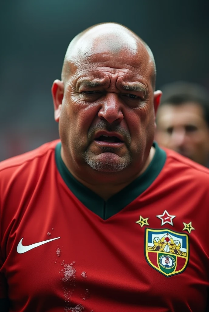 white male, overweight, calvo, with the SPFC shirt, crying after losing to Atlético - MG, by a score of 5 x 0