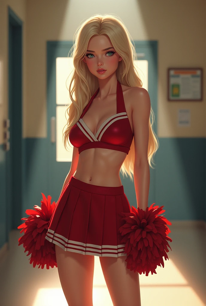1 very young looking skinny girl in shot posing , very slim tight skinny super model bod, legal but she looks 16y, blond long professional hairstyle, in a high school office, wearing a sexy cut out babysitter cheerleader uniform with plaited striped mini skirt fashion with bows and pom poms and star shaped pattern, jewelery, very toned abs with navel piercing, 16 y face and body, big tits