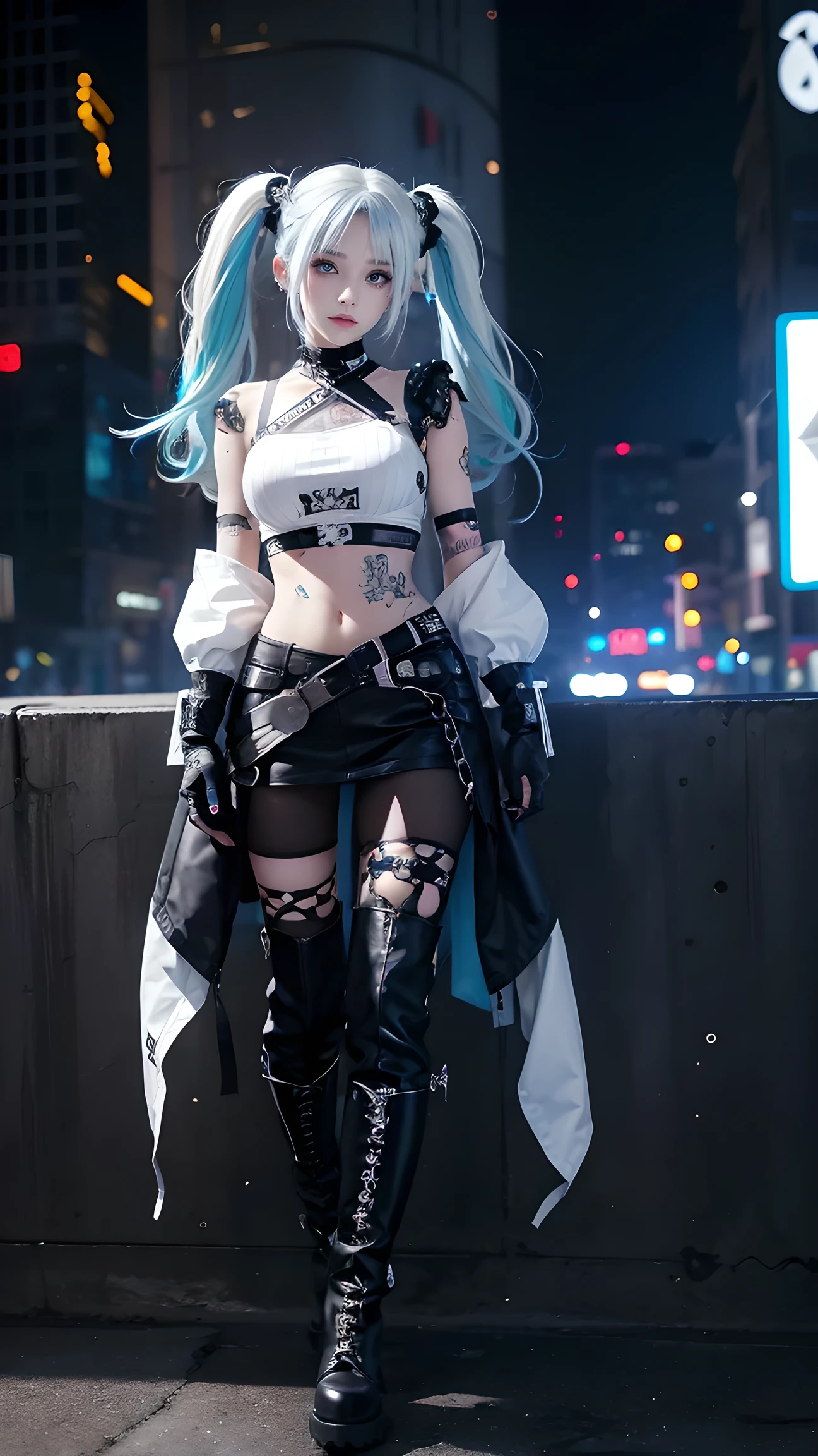 goth_fashion, 1girl, tattoo, piercing, heterochromia, twintails, white_hair, blue_hair, cyberpunk, colorful, longboots, gloves