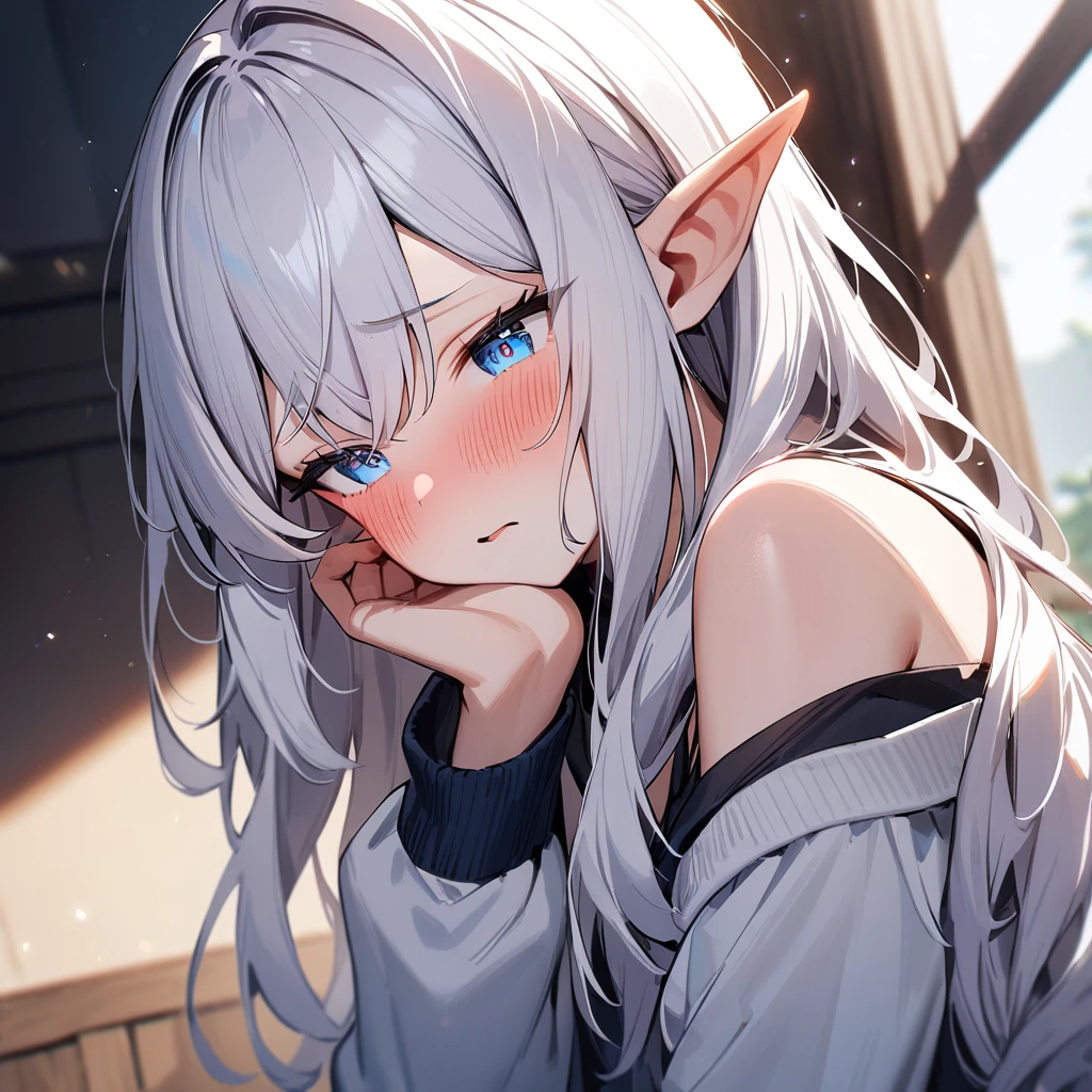 ((tmasterpiece)), hyper HD, wide wide shot, 电影灯光, 凌乱的the hair, (Slightly expose the, Slender， Shyness blush), (Tethered to a steel chain like a pet, Heavy), ctextured skin, the hair, cute beautiful, sat on the ground, Dirty basement，the elf
