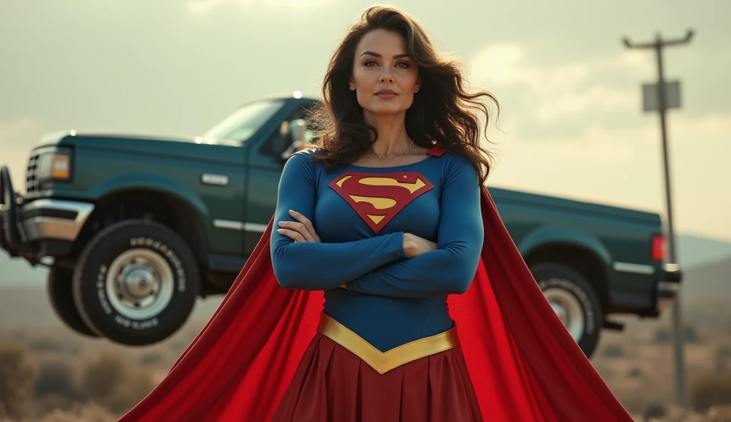 (((very beautiful old Supergirl (((1980s costume))) Julie Hagerty(((dark-haired, large-breasted woman in her 50s)))) Super woman Julie Hagerty; confident, powerful, indestructible, attractive; big and firm chest; strong breasts; arms crossed, carrying a big car in his hands; arms of a strong woman. HD. Photograph, ((realism)), extremely high quality RAW photograph, ultra detailed photograph, sharp focus, high resolution, (detailed skin:1,3),high quality, film grain, Fujifilm XT3,Highly Detailed, movie, (Cinematic Photo:1.3) of (Realistic:1.3)