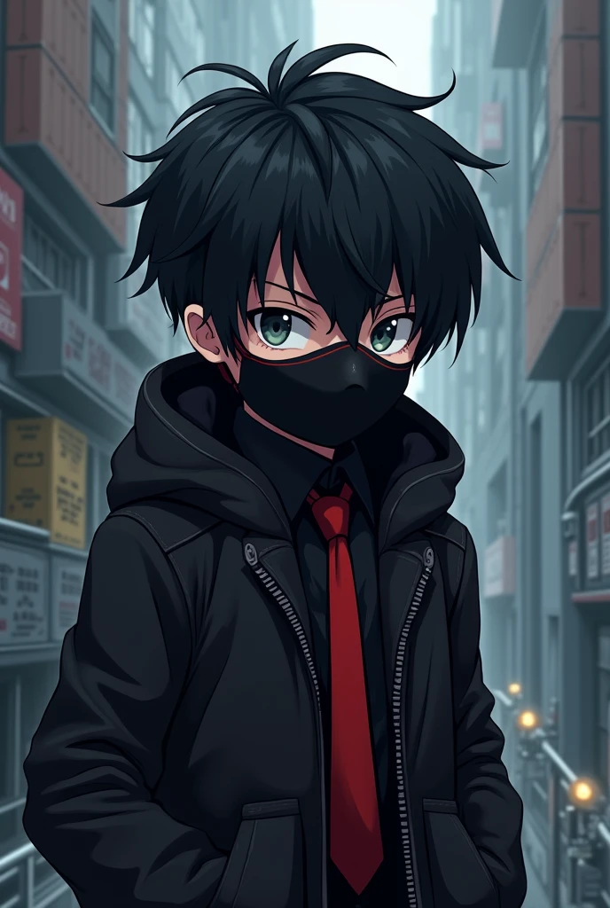 A boy wearing black jakat,full face mask, white eyes, red tai,mincraft theme, anime some blood fall on face and head, black heir looking deadly,