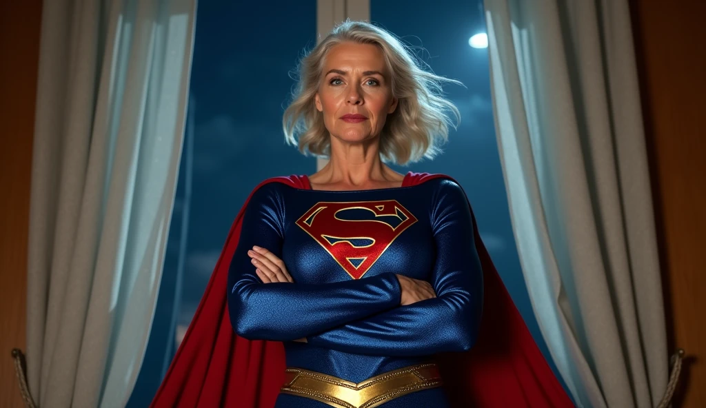 (((very beautiful old Supergirl (((1984s Supergirl movie costume))) Julie Hagerty))) Super old woman Julie Hagerty; confident, powerful, indestructible, attractive; big and firm chest; strong breasts; arms crossed. , floating, at night, outside a window; straight body; view from inside to outside, full body fluttering curtains, night, cinematic lighting, dramatic pose, beautiful detailed eyes, beautiful detailed lips, extremely detailed face and features, elegant, graceful, flowing cape, vibrant colors, hyperrealistic, 8k, high quality, intricate details, photorealistic, masterpiece