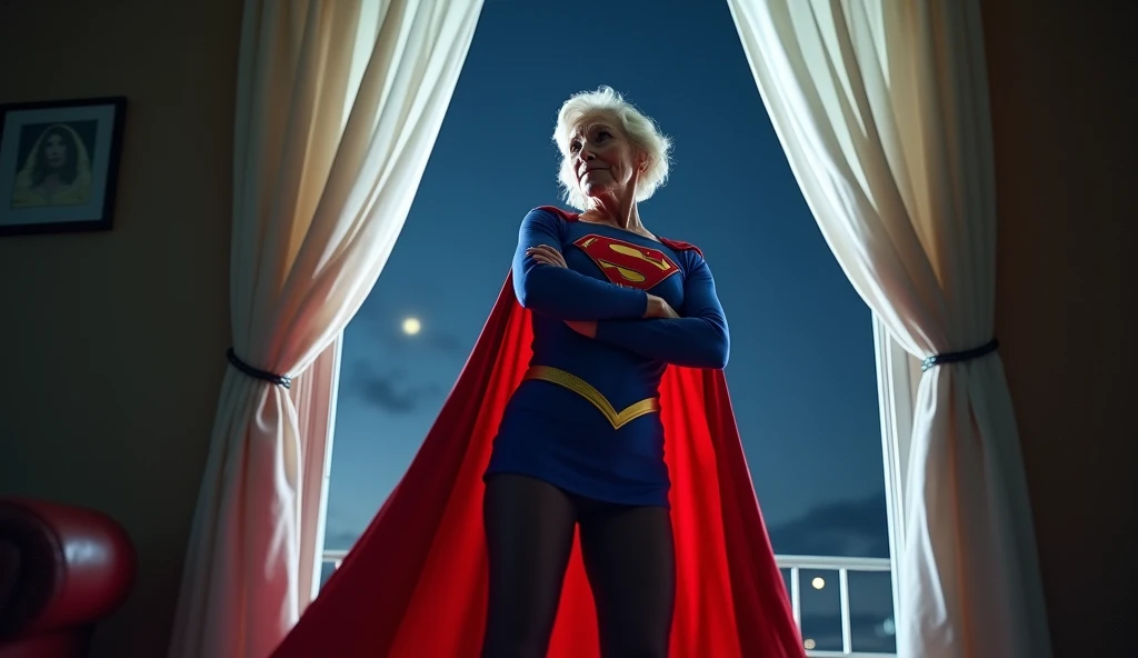 (((very beautiful old Supergirl (((1984s Supergirl movie costume))) Julie Hagerty))) Super old woman Julie Hagerty; confident, powerful, indestructible, attractive; big and firm chest; strong breasts; arms crossed. , floating, at night, outside a window; straight body; view from inside to outside, full body fluttering curtains, night, cinematic lighting, dramatic pose, beautiful detailed eyes, beautiful detailed lips, extremely detailed face and features, elegant, graceful, flowing cape, vibrant colors, hyperrealistic, 8k, high quality, intricate details, photorealistic, masterpiece