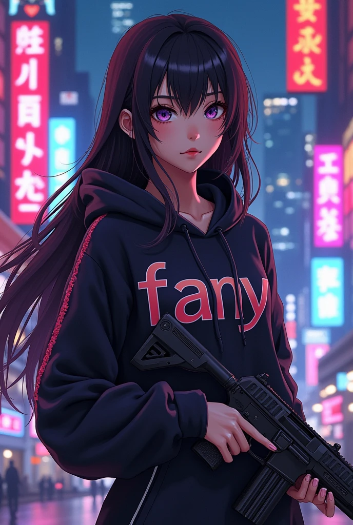 Create a character anime, {{background: capital text “GLBK”, night city}},
tanned skin, realistic, HDR, beautiful, japan style, full body, use piastol, age 20, hoodie HD text: “FANY”, female, long hair