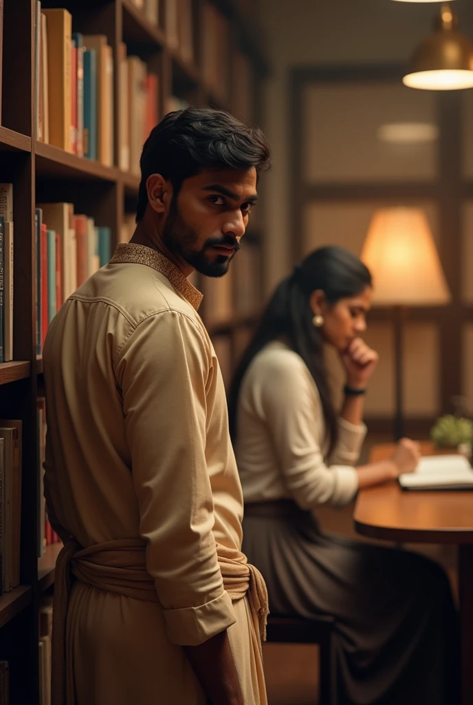 A Indian men in library moving his head and watching girl behind him.