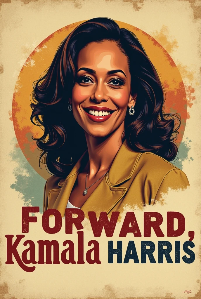 Create a portrait of Kamala Harris in a vintage retro style, using muted tones like faded yellows, oranges, and browns. Incorporate the phrase "Forward, Kamala Harris" in an old-school, groovy font with a textured, worn-out look for a nostalgic feel. Perfect for apparel and mugs.