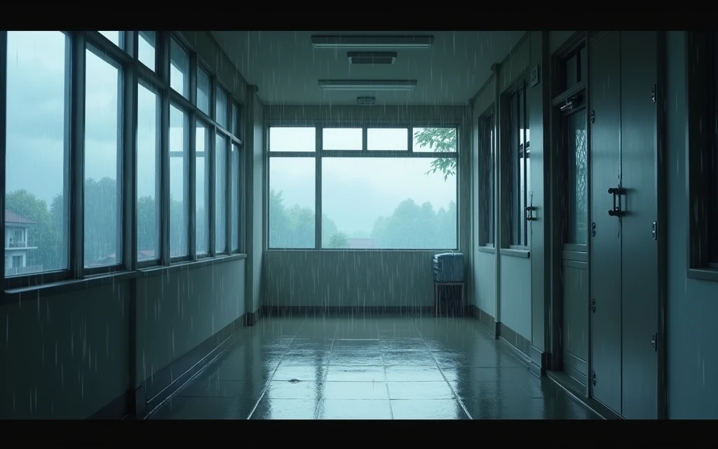 japanese school corridor, no people, raining, day, clouds, In the style of Makoto Shinkai。master piece, ultra detail, precision, ultra-realistic,