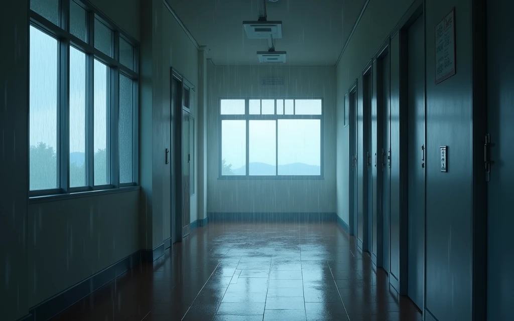 japanese school corridor, no people, raining, day, clouds, In the style of Makoto Shinkai。master piece, ultra detail, precision, ultra-realistic,