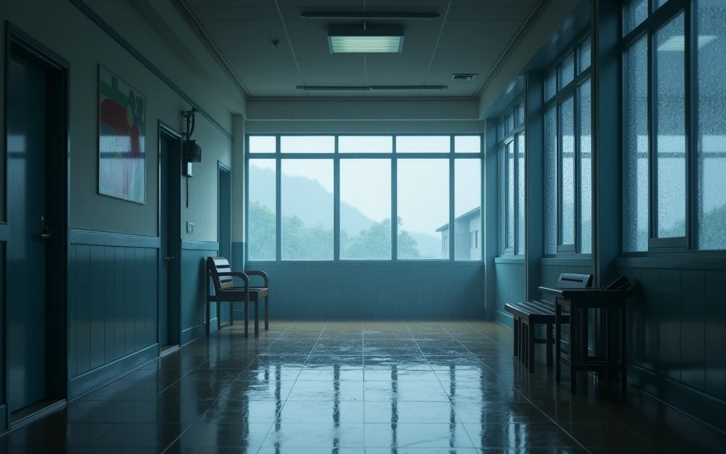japanese school corridor, no people, raining, day, clouds, In the style of Makoto Shinkai。master piece, ultra detail, precision, ultra-realistic,