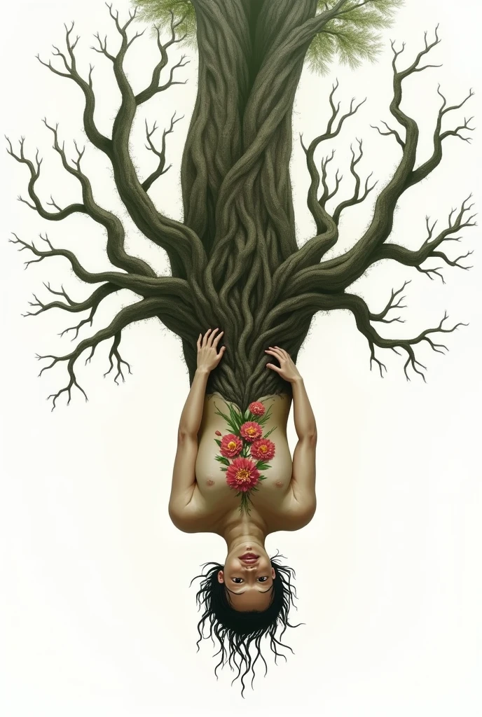 Create an image of a human figure upside down on a white background. The human's head should be at the bottom, with the hair transformed into tree roots spreading out. The torso should resemble a tree trunk, and the arms should branch out like tree limbs. The genitals should be depicted as blooming flowers. Ensure the overall look blends human anatomy with plant characteristics, emphasizing the connection between humans and plants."