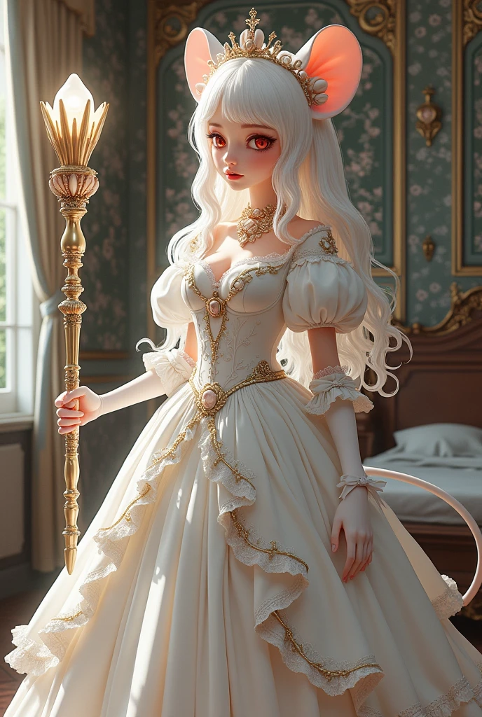 (best quality,4k,8k,highres,masterpiece:1.2), ultra-detailed, Pretty albino girl has a princess, drawn in 2D anime style, steampunk, wearing a iridescent turquoise and white princess gown with puffy sleeves, steampunk, gorgeous frilly dress design,flowing gown, elaborate lace details,rich textures,contrast stitching,delicate ribbon bows, seashells embroidery, full skirt with ocean wave pattern,short sleeves,fitted waistline,flared cuffs,lace-up back,luxurious fabrics,flawless silhouette, long curly white hair and red eyes, white fur, smiling, mouse ears and tail, ribboned high heels, white elbow evening gloves, gold bracelets, tiara made of seashells, beautifully detailed lips with lipstick, long eyelashes, eyeshadow, seashell necklace, in a castle bedroom with intricate decoration and luxurious furniture, flower wallpaper, she is holding a magic staff made of seashells and pearls.
