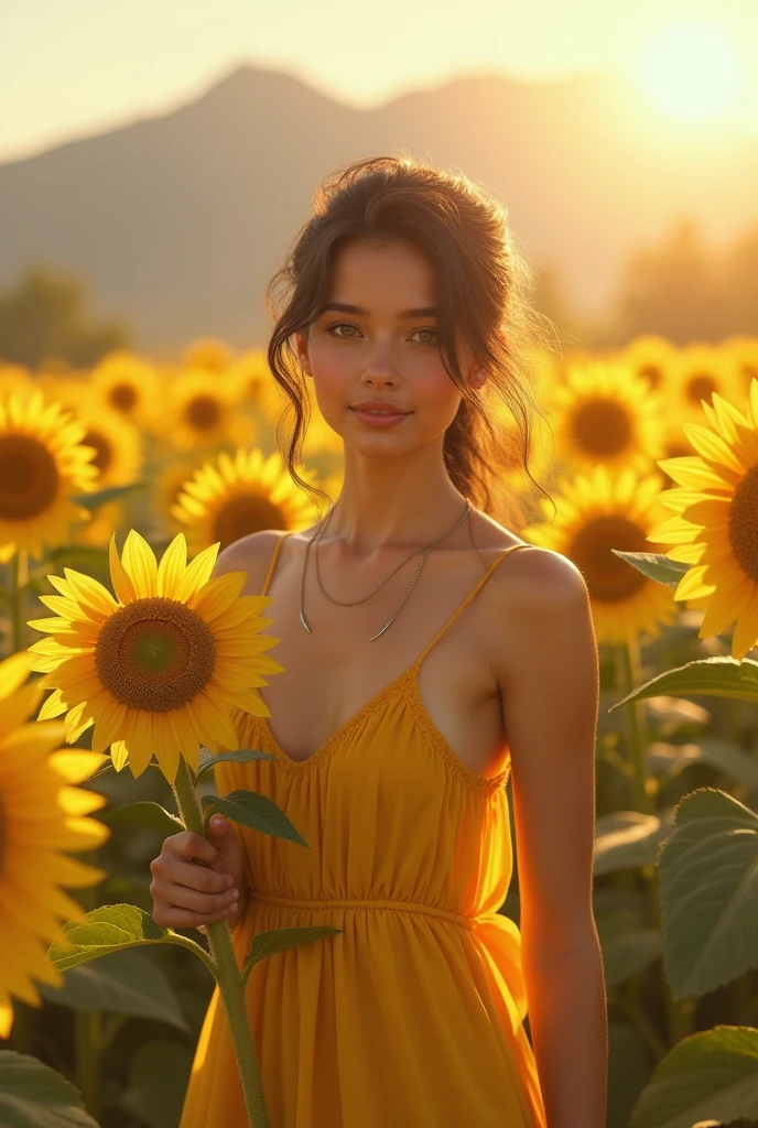 A realistic girl of about 20 years, wearing yellow dress, surrounded with sunflowers, god rays, pinkish weather, as real girl as possible, india girl type, mountain in background, beautiful girl, holding a sunflower in hand,soft white faced,little bit Russian hot