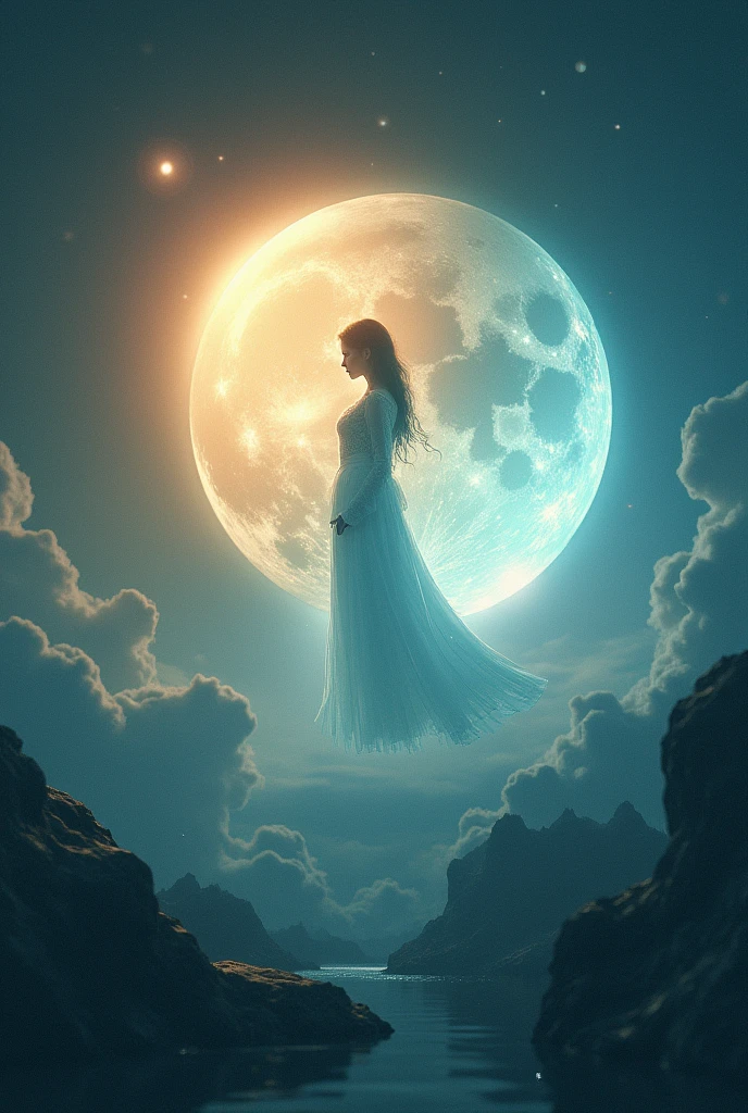 (photorealism:1.2) sun and moon,spirit, fantasy,no Clouds, light on the moon side, darkness on the sun 