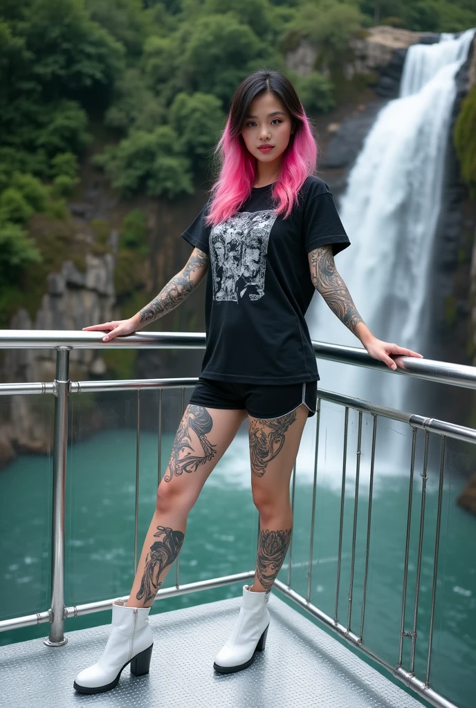 a beautiful Thai woman, standing on a silver metal deck or platform with a view of the waterfall in the background.the woman has pink black hair, gives a modern and stylish effect. He was wearing a black t-shirt that said "if n to" fhon gold the other, and modern shorts, white boots. This woman is leaning on the platform railing with both her hands and thighs covered in intricate tattoos., look relaxed and enjoy the beautiful view. landscape