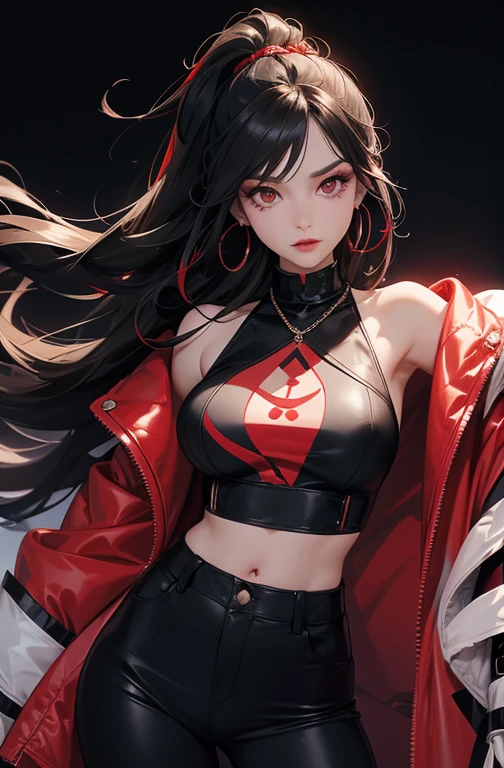 The image shows a stylized figure of a woman with long, wavy black hair with red highlights.. Wear large hoop earrings, dramatic makeup with lined eyes, and a puffy red jacket. Her outfit is completed with a black crop top and black high-waisted pants with details and chains.. The background is dark red and it looks like it&#39;s raining.