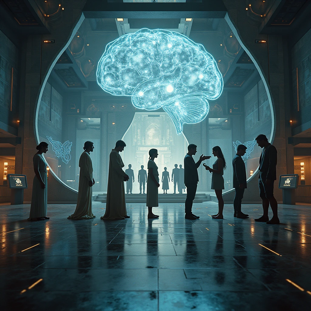 hyperrealistic image, which depicts the development of philosophical trends and their gradual influence on humanity. The image should contain:
1. Historical philosophical directions: Display významné filozofické obdobia a ich hlavné postavy, that shaped human thinking:
• Antique: Plato and Aristotle with their abstract and symbolic representations.
• Renaissance: René Descartes to Francis Bacon, illustrated as pioneers of empiricism and rationalism.
• Postmodernism is poststructuralism: Michel Foucault a Jacques Derrida, representation through dynamic and deconstructive visualizations of language and cognition.
2. Development and interaction: View, how these philosophical directions influenced the development of human society. Use futuristic symbols and holograms to illustrate the transition from ancient thought through empirical investigation to deconstruction and analysis of language.
3. Technological and philosophical observations: Display, as an alien race monitors and analyzes these developments in technological observatories. Display ich zariadenia a hologramy, which document transitions between different philosophical paradigms.
4. Philosophical concepts: Visualize abstract symbols and texts, which illustrate Derrida's theory of the ever-changing meaning of words and their influence on human perception of reality.
5. Final discovery: In the background, show the transition from the simulated world to the revelation of real reality. Illustrate, how humanity adapts to a new view of the universe and philosophy.
The image should be epic and immersive, with an emphasis on hyper-realistic details and the complexity of philosophical and technological elements.
.