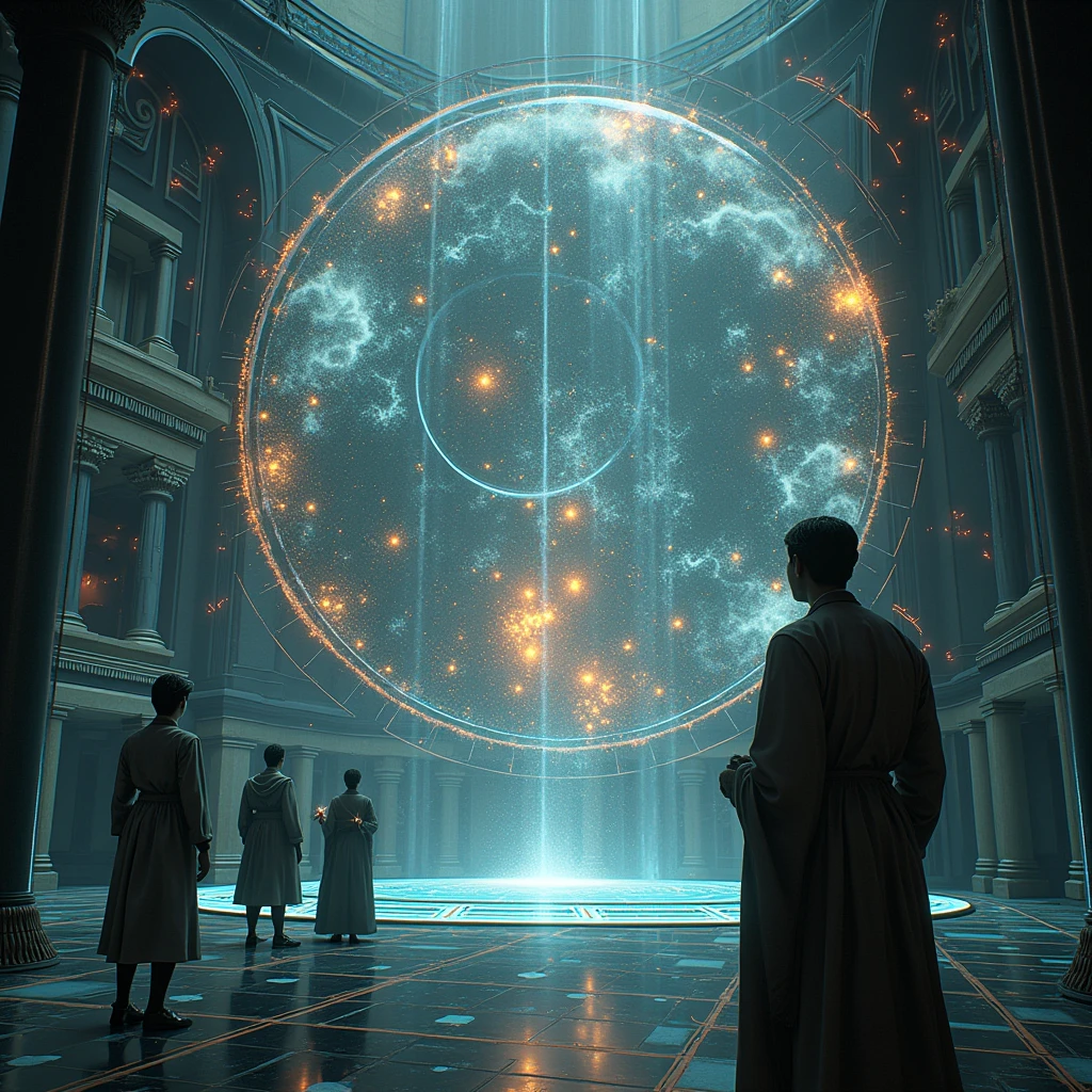  hyperrealistic image, which depicts the development of philosophical trends and their gradual influence on humanity. The image should contain:

	1.	Historical philosophical directions: Display významné filozofické obdobia a ich hlavné postavy, that shaped human thinking:
	• Antique: Plato and Aristotle with their abstract and symbolic representations.
	• Renaissance: René Descartes to Francis Bacon, illustrated as pioneers of empiricism and rationalism.
	• Postmodernism is poststructuralism: Michel Foucault a Jacques Derrida, representation through dynamic and deconstructive visualizations of language and cognition.
	2.	Development and interaction: View, how these philosophical directions influenced the development of human society. Use futuristic symbols and holograms to illustrate the transition from ancient thought through empirical investigation to deconstruction and analysis of language.
	3.	Technological and philosophical observations: Display, as an alien race monitors and analyzes these developments in technological observatories. Display ich zariadenia a hologramy, which document transitions between different philosophical paradigms.
	4.	Philosophical concepts: Visualize abstract symbols and texts, which illustrate Derrida&#39;s theory of the ever-changing meaning of words and their influence on human perception of reality.
	5.	Final discovery: In the background, show the transition from the simulated world to the revelation of real reality. Illustrate, how humanity adapts to a new view of the universe and philosophy.

The image should be epic and immersive, with an emphasis on hyper-realistic details and the complexity of philosophical and technological elements.
.