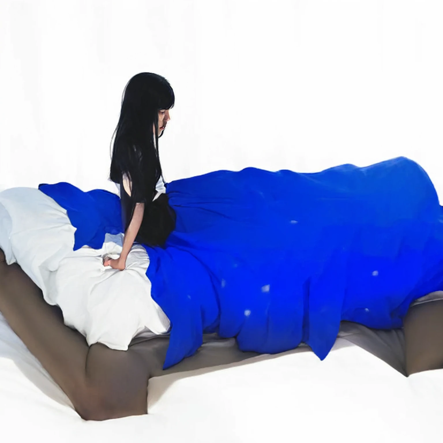 Straight black haired girl in black t-shirt and shorts lying down lifting her torso off the bed ,lights off, dim sunlight coming through the window, in a dimly lit room, Girl's gaze into the void staring at the window,tired,hyperrealistic quality,8k